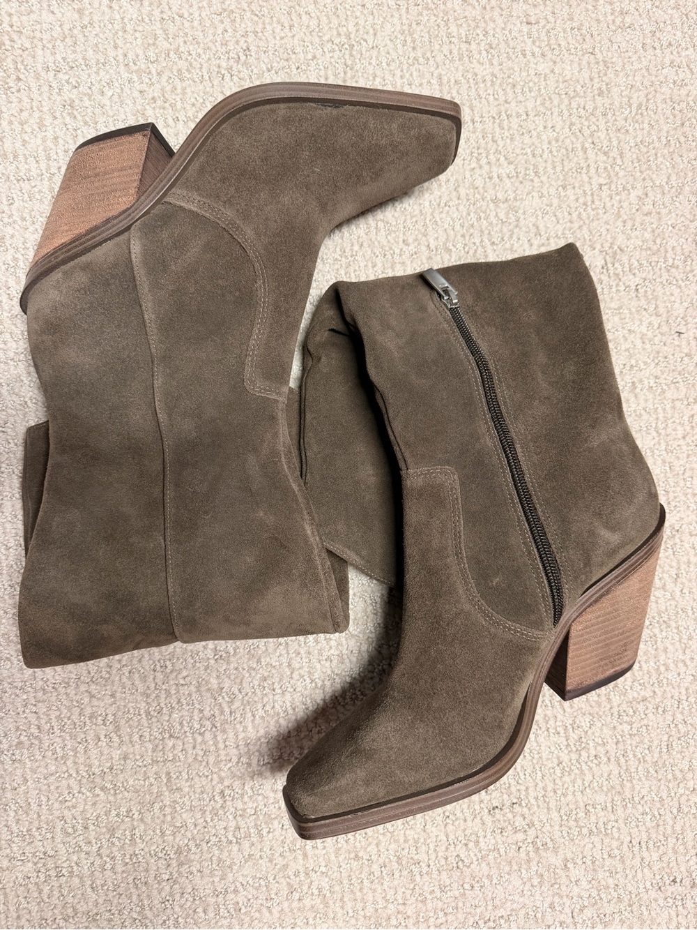 Vince Camuto Olive Suede Ankle Booties with Stacked Heel